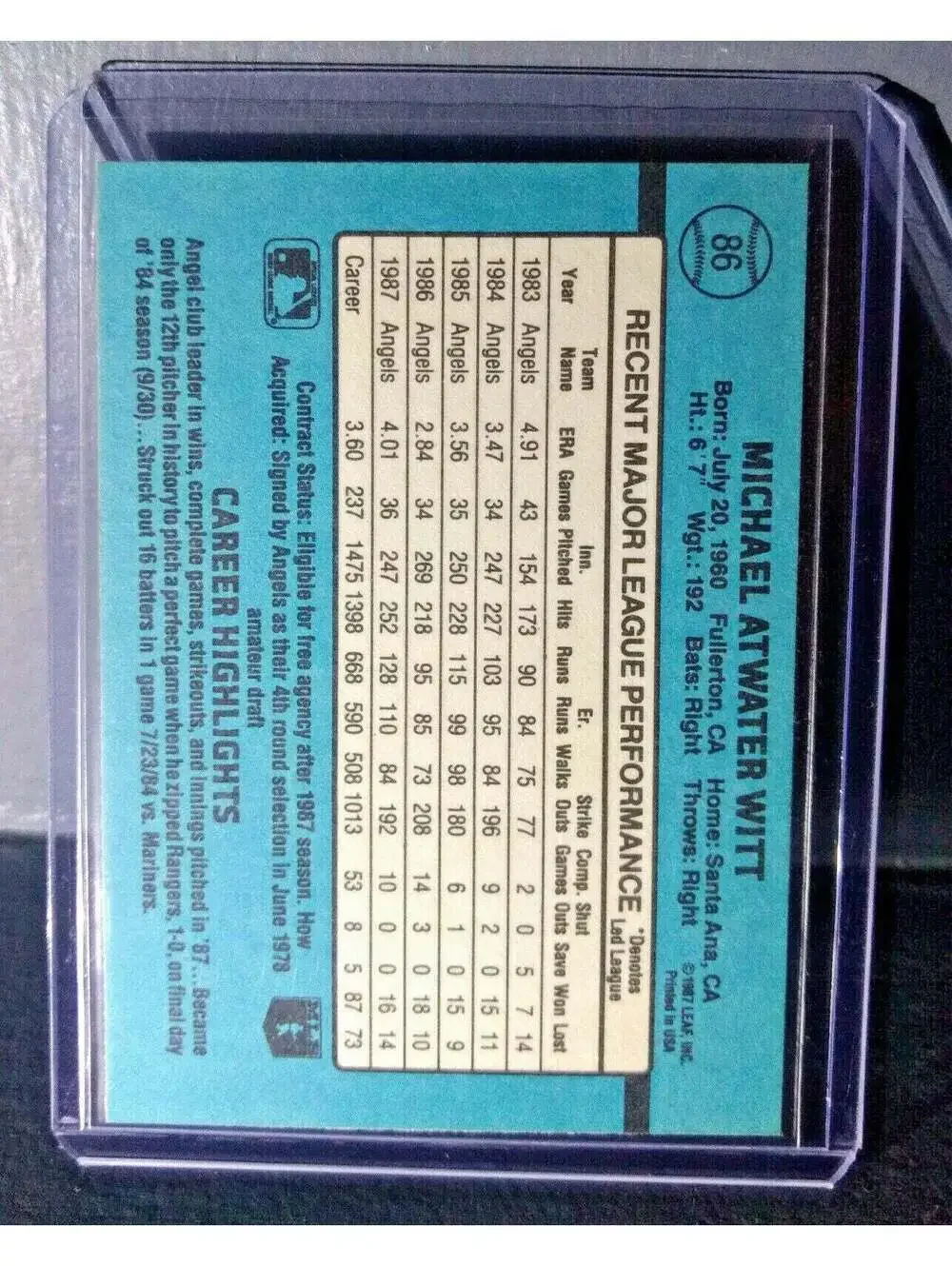 1988 Mike Witt Donruss #86 Baseball Card